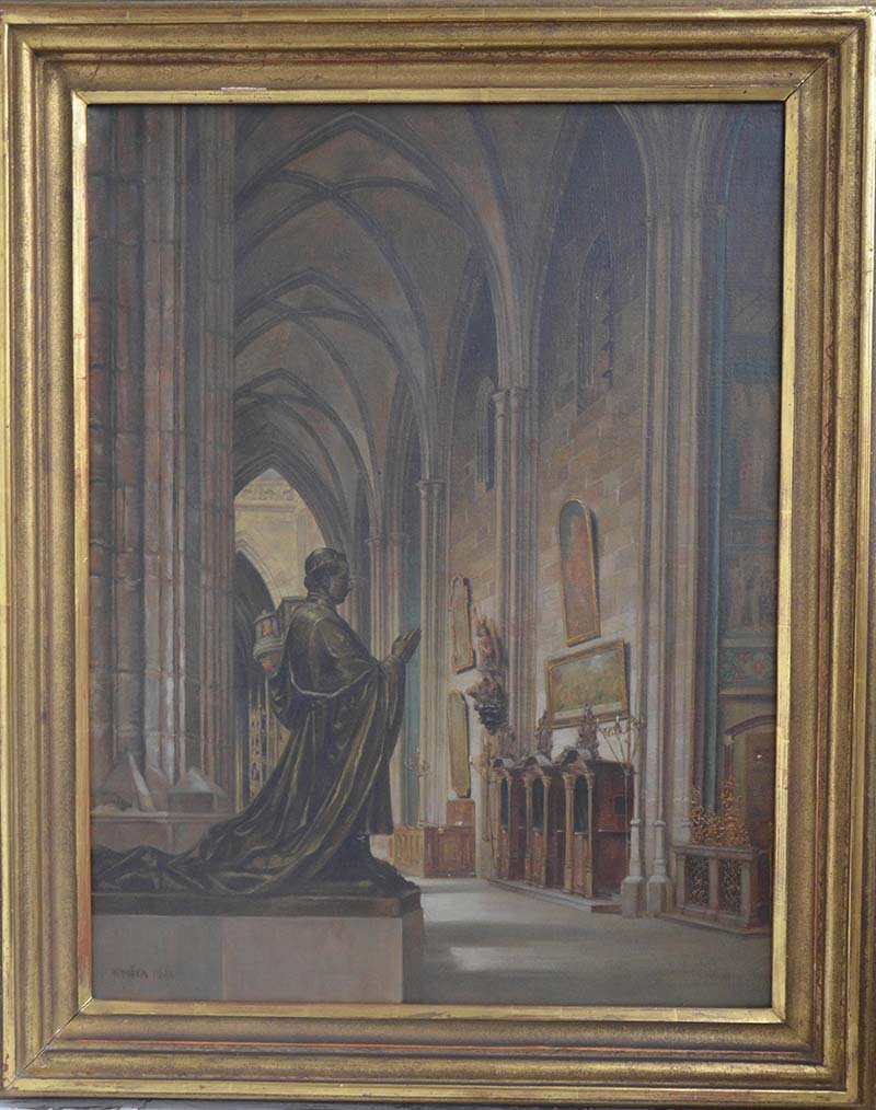 Katedrála sv. Víta - socha kardinála Schwarzenberga, olej 73x60 cm, signován 1951